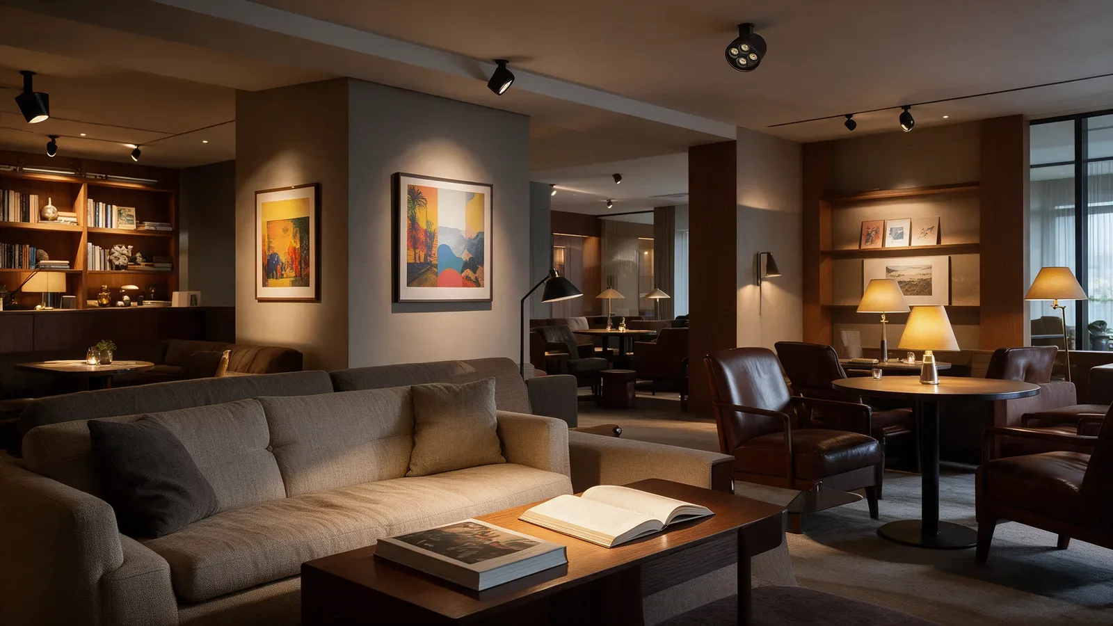 Salón de lectura de hotel con pequeños focos cilíndricos orientables que iluminan las mesas y las obras.