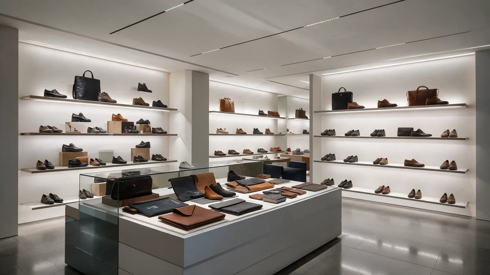 Showroom de calzado y accesorios con carriles magnéticos empotrados y expositores centrales.