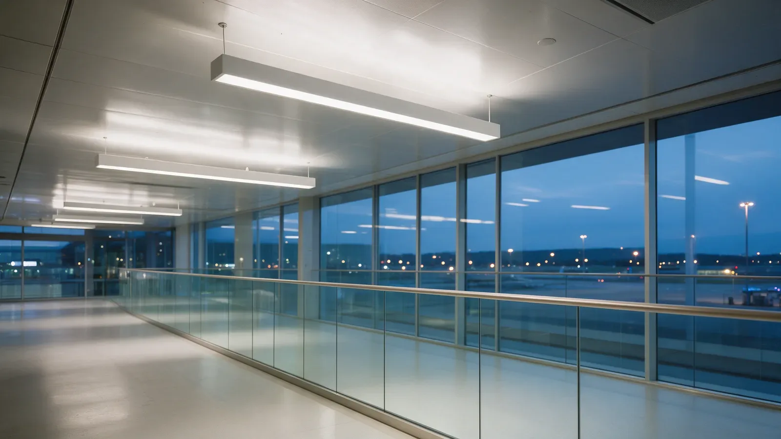 Pasillo de llegadas de un aeropuerto regional con luminarias lineales suspendidas y barandillas de cristal.